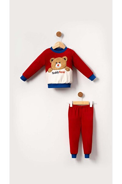 Bubito Baby Boys & Kids Fleece Winter Bottom Top Set with Teddy Bear Image-Red