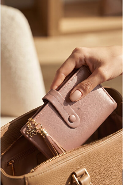 Mazel Design 015 Luxe Pembe İthal Kadın Cüzdan - Altın Püskül Detaylı, Elegan...