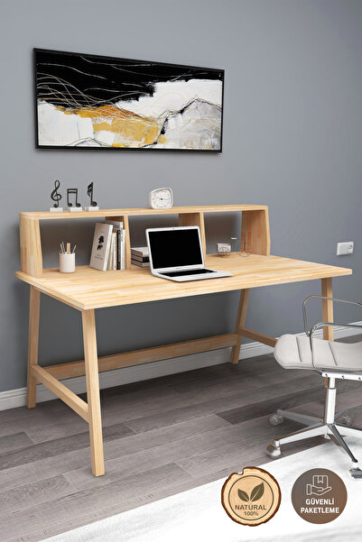 WOODFACE Masif Ahşap Çalışma Masası 120x60 Doğal Ahşap Tek Raflı 3 Bölüm Özel...