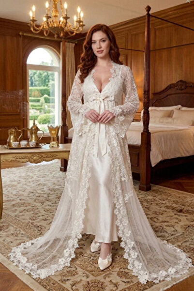 big mama طقم قميص نوم وروب صباحي Elegant Robe فاخر بدانتيل، بتصميم أنيق لجهاز...