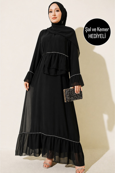 MY QILAM Kadın Tesettür Abaya Ferace Safir Taşlı Fırfır Detaylı Şal ve Kuşak ...