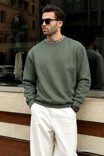 Madmext Khaki Crew Neck Embroidered Men's Sweatshirt 7047