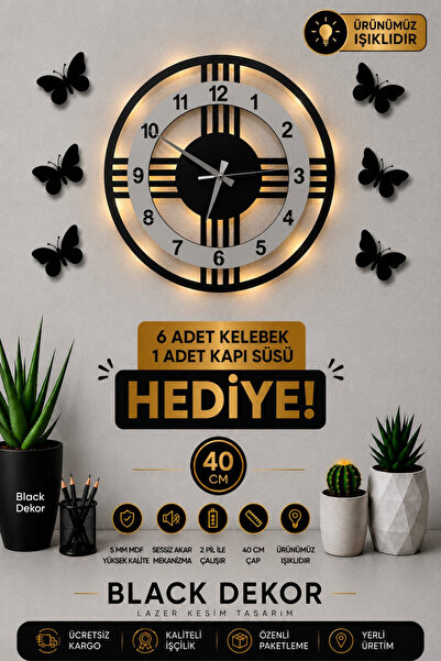 Blackdekor Modern Tek Çizgili Beyaz LED Duvar Saati 40 Cm Dekoratif Büyük Boy...