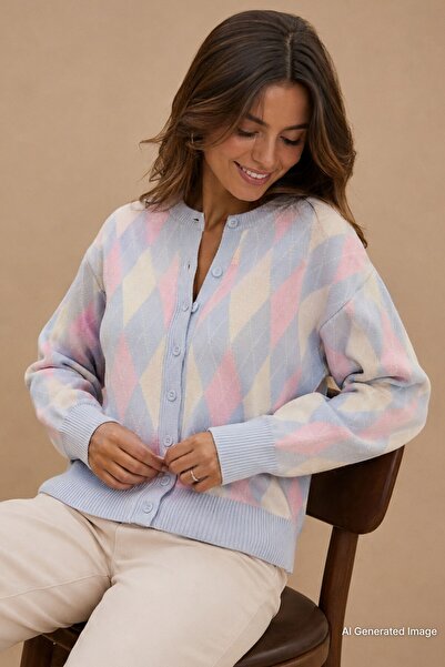 Madmext Blaue Damen-Strickjacke mit Rautenmuster und Rundhalsausschnitt Mg2496