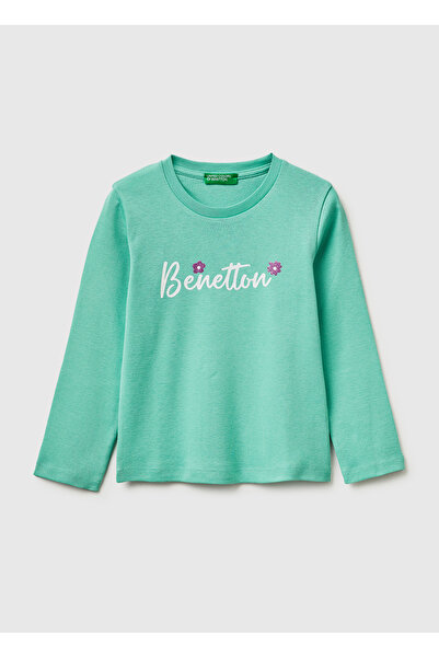 United Colors of Benetton Girl's mint glitter graphic print crew neck long sl...