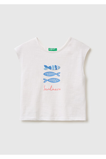 United Colors of Benetton فتاة بيضاء مع تفصيلة قوس على الظهر تي شيرت بأكمام ك...