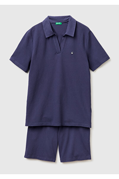 United Colors of Benetton Erkek Koyu Mavi %100 Pamuk Logo Detaylı Polo Yaka K...