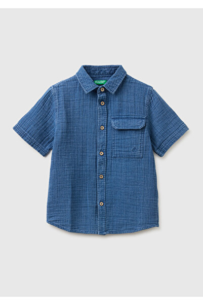 United Colors of Benetton Boy's navy blue short-sleeve shirt with embroidered...