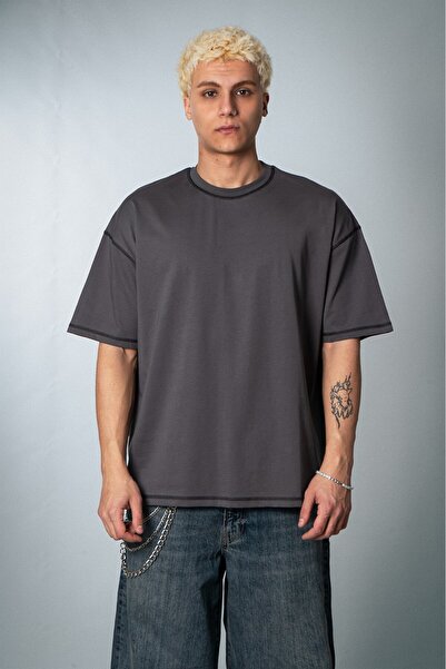 UKHWD SUPPLY Ανδρικό μπλουζάκι με ραφές σε αντίθεση, oversized, καπνιστό