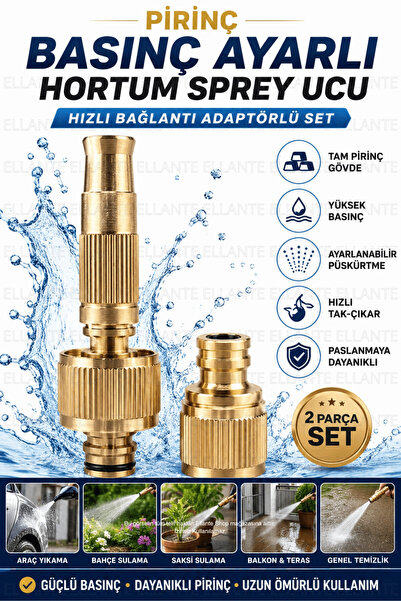 ellante Pirinç Basınç Ayarlı Hortum Sprey Ucu Hızlı Bağlantı Adaptörlü Set Me...