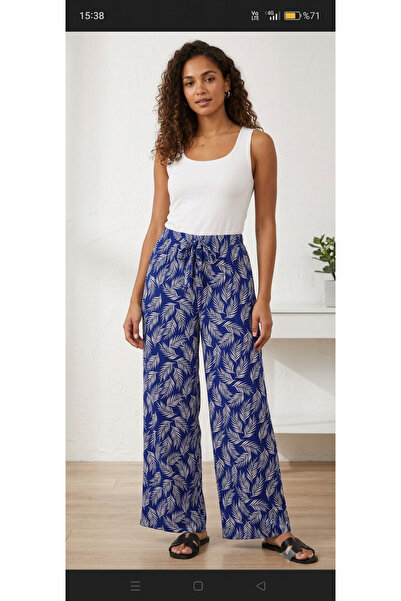 Sude Women's Woven Fabric Navy Blue White Wide Leg Trousers