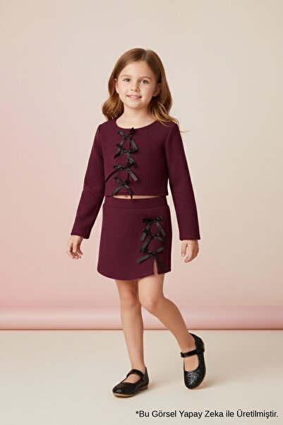 Le Mabelle Burgundy Bow Detailed Girls' Skirt Jacket Set - Silvana