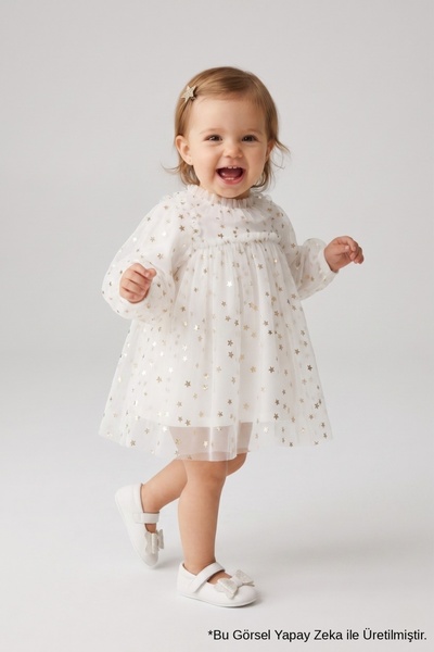 Le Mabelle Ecru Star-Detail Baby Girl Tulle Dress - Vanessa