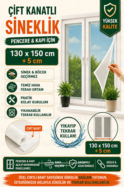 ellante Cırtlı Yapışkanlı Sineklik Seti 130x150 cm Çift Kanatlı Pencere Kapı ...