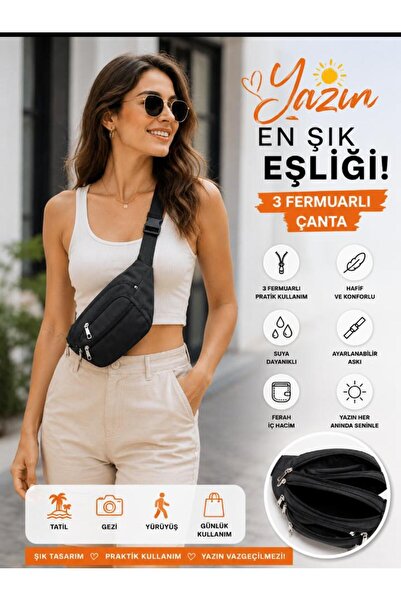 Sofia Unisex τσάντα μέσης με 3 φερμουάρ, μαύρη, κατάλληλη για δώρο, κατάλληλη...