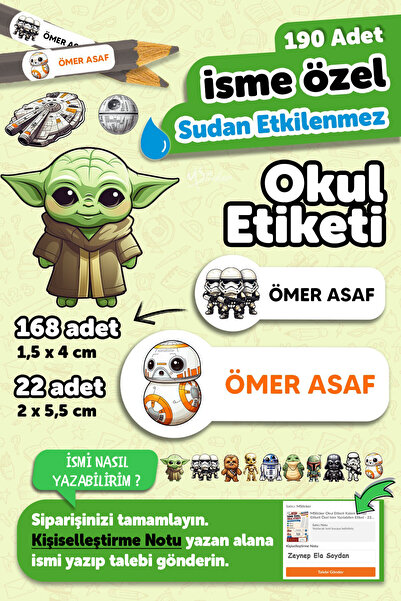MSticker Okul Etiketi Kalem Defter isimli Etiket Isim Yazılabilen Star Warss ...