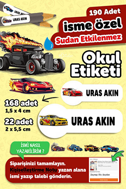 MSticker Okul Etiketi Kalem Defter isimli Etiket Isim Yazılabilen Arabalar2 -...