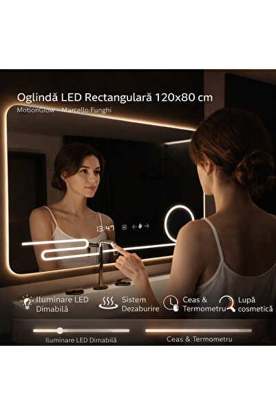 OEM Oglindă dreptunghiulară LED 120x80 cm Harmonie MotionGlow Marcello, regla...