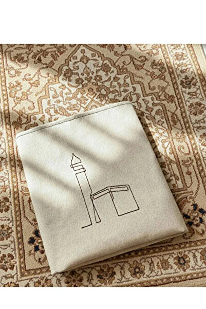 çeyizline Minimal Kaaba Embroidered Linen Prayer Rug - Dowry Bundle Umrah Gif...