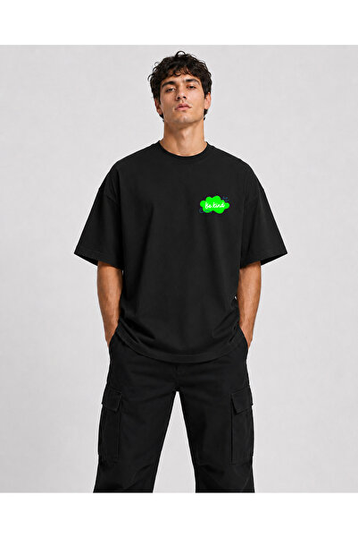 chaygoy Unisex Relaxed Fit Siyah Tişört Be Positive Baskılı %100 Pamuk