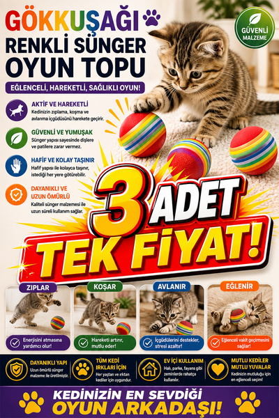 rianka 3'lü Gökkuşağı Renkli Sünger Kedi Oyun Topu - İnteraktif Hafif Yumuşak...