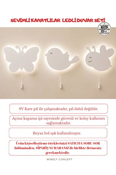 Windly Concept LED Işıklı Kelebek Kuş Arı Duvar Lambası Seti Çocuk Odası Gece...