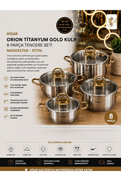 ŞİRİN VALENT HOME Hi̇sar Ori̇on Titanium Gold Handle 8 Piece Cookware Set