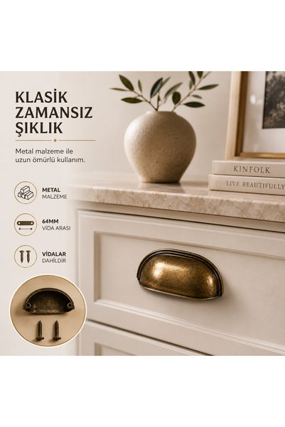 Ulaş Hırdavat Metal Dish Handle Stone Mussel Handle Modern Retro Rustic Cabinet Drawer Dresser Handle 64 mm Double Hole