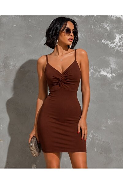 Modafeminen Coffee Color Strapless Chest Knotted Mini Dress 582476