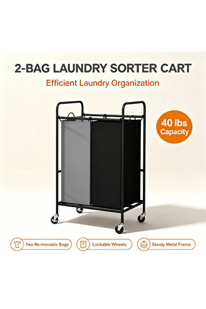 Garvee Laundry Basket bag Holder with 2 Grids, Cloth Bag Storage Rack, Black ...