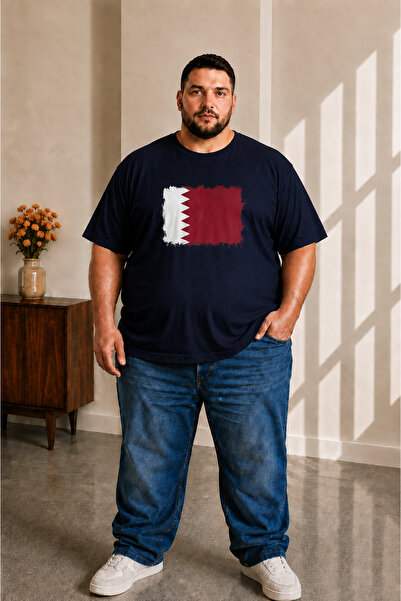 sngl tekstil Men's Large Size Short Sleeve Qatar Flag Printed T-Shirt 3XL 4XL...