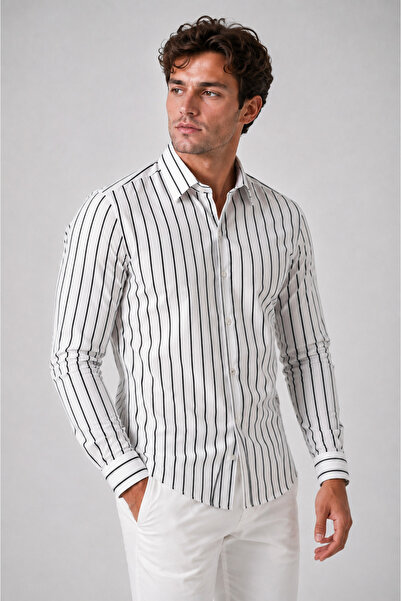 elitpark Black Striped Cotton Pocketless White Premium Men's Shirt