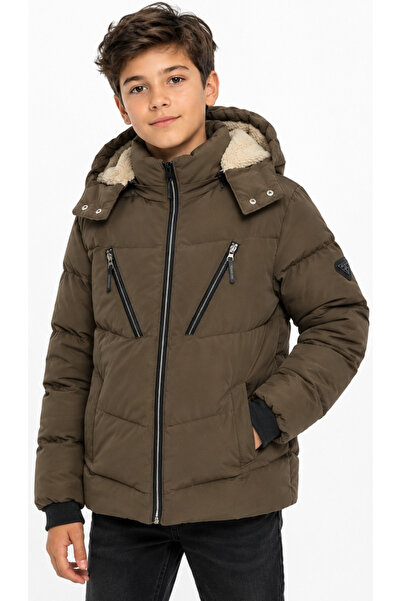 İrem Çocuk Giyim Boy/Girl's Brown Coat with Cross-Zipper Model, Detachable Ho...