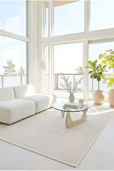 Frenda Divan Şönil Pamuklu Tek Renk Desensiz Kilim Halı Hr-1621 Krem