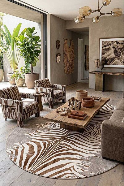 Frenda Home Zebra Desen Pamuk Taban Baskılı Oval Halı Bej