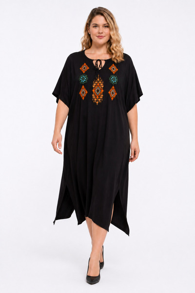 Şans Women's Large Size Black Embroidery Detailed Comfortable Cut Dress 65n22609