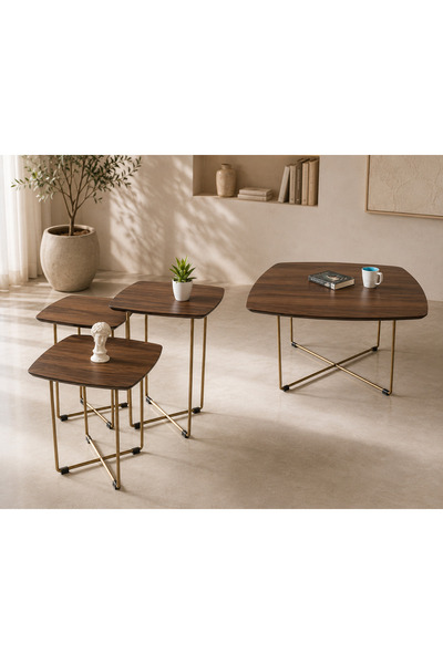 casa nexa 3'lü Zigon Sehpa ve Orta Sehpa Seti Ahşap Metal Ayak Modern Salon S...