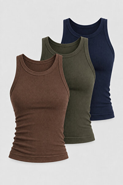 glanour Kadın 3’lü Halter Yaka Fitilli Basic Slim Atlet Bluz