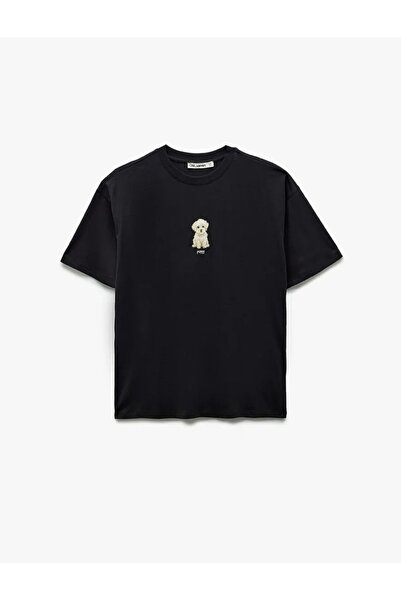 Koton Hundestickerei Baumwolle Oversize Anthrazit Damen T-Shirt 6SAL10049IK