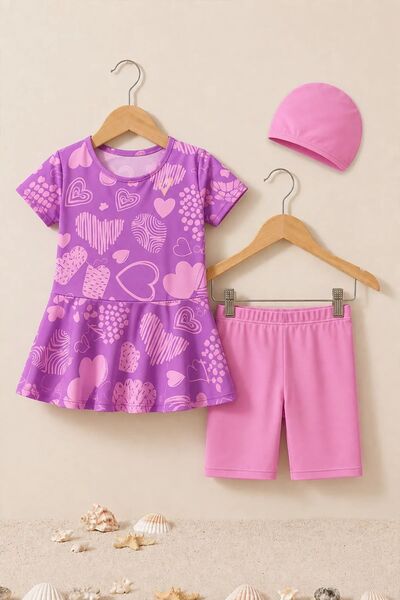 ZUZUNGA Set de costume de baie pentru fete mov cu model de inimă
