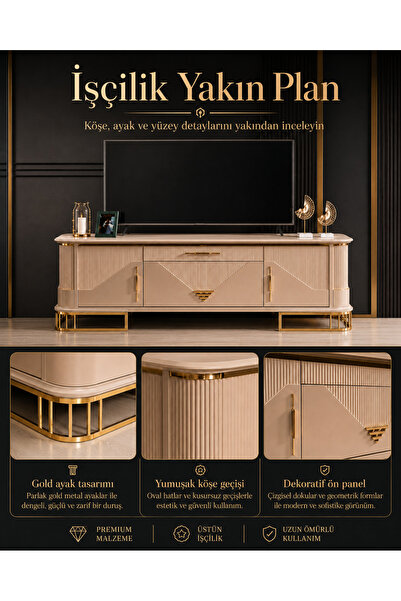 Modern Bej MDF TV Ünitesi 208 cm – Gold Detaylı Kapaklı TV Sehpası
