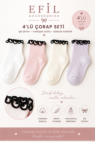 EFİLACCESSORİES Scented Premium 5-6 Years Old 4-Piece Set Girls' Socks with R...