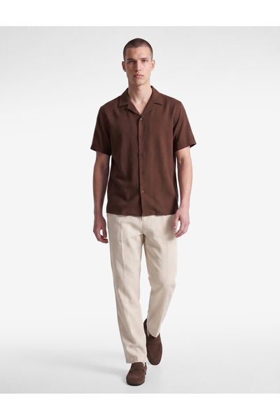 Koton Regular Fit Turn-Down Collar Cotton-Linen Blend Short Sleeve Shirt
