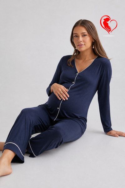 Mivoon Bambu Kumaş Hamile Pijama Takımı - Düğmeli Fitilli Model M-6XL