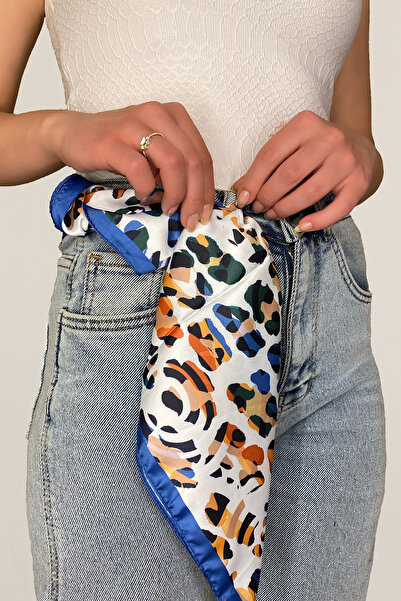 Axesoire 13989 Leopar Desenli Sax Mavi Saten Bandana Fular 50x50 cm