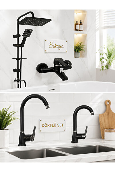 ESHOME Eskaya Siyah Krom 4Lü Full Set Robot Duş Banyo Bataryası Banyo Lavabo ...
