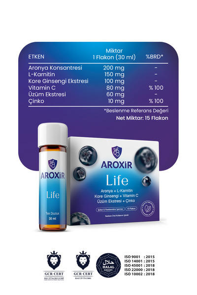 Aroxir Life Bağışıklık ve Enerji Desteği Aronya, L-Karnitin, Kore Ginsengi, Vitamin C, Üzüm Ekstresi