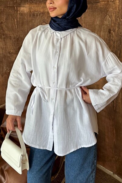 HYWONA Women's 100% Cotton Muslin Oversize Hijab Shirt Tunic White