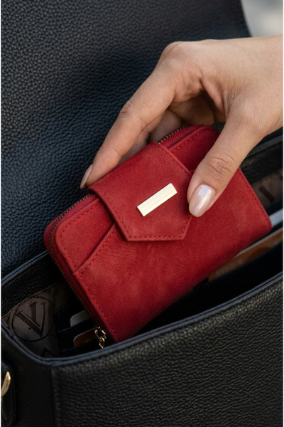 Mazel Design Women's Red Suede Detailed Multi-Compartment Zippered and Snap-F...