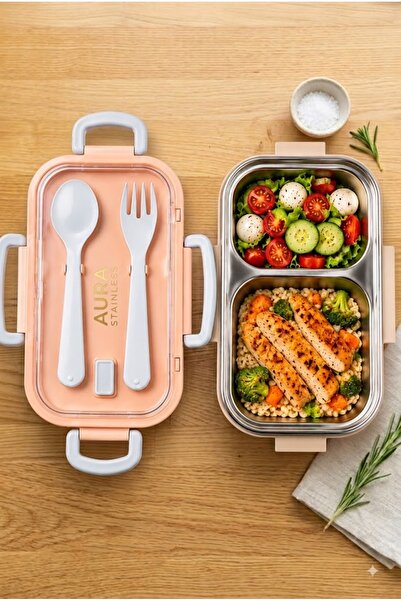Sowo Home Steel Lunch Box with 2 Compartments, Fork and Spoon, Camping Food C...